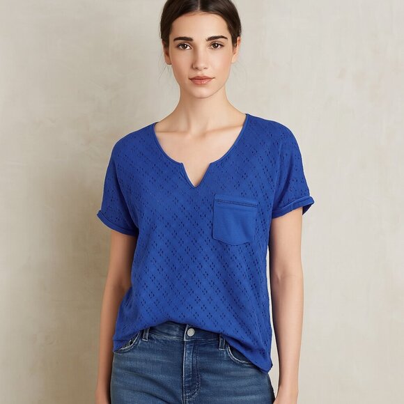 Leo & Nicole Blue Eyelet Lined V-Neck Short Sleeve Blouse 2X Summer Boho Peasant - Picture 1 of 6